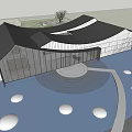 Modern Sales Office Building With Curved Black Roof Glass Facade And Circular Water Features