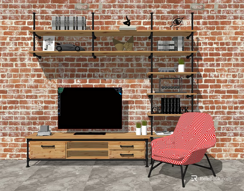 Wooden TV Stand with Black Metal Shelves Against Brick Wall and Red Striped Chair 3d model 