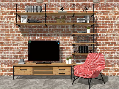 Wooden TV Stand with Black Metal Shelves Against Brick Wall and Red Striped Chair 3d model