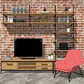 Wooden TV Stand with Black Metal Shelves Against Brick Wall and Red Striped Chair