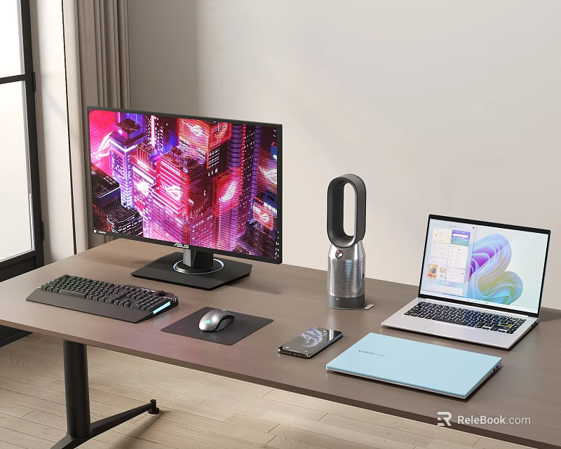 Modern Computer Workstation With Monitor Laptop Keyboard Mouse And Bladeless Fan On Desk 3d model 