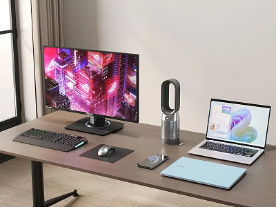 Modern Computer Workstation With Monitor Laptop Keyboard Mouse And Bladeless Fan On Desk 3d model