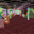 Cartoon Scene of Elegant Indoor Hall with Red Carpet Wicker Chairs Palm Plants and Staircase