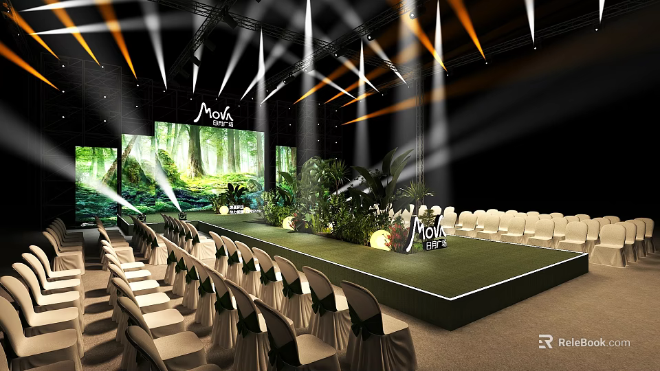 Mova Event Stage Setup With Green Plants Large Screen Lighting And Arranged Chairs 3d model 