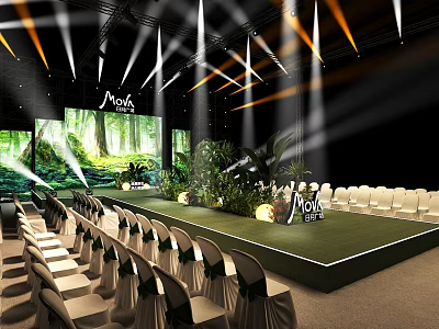 Mova Event Stage Setup With Green Plants Large Screen Lighting And Arranged Chairs 3d model