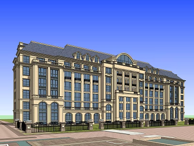 Classical European Style Multi Story Building With Symmetrical Design And Arched Windows 3d model