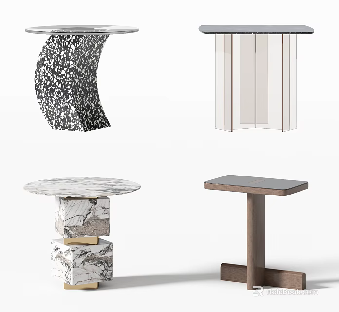 Modern Side Tables With Marble Wood Acrylic Terrazzo Designs And Curved Square Shapes 3d model 