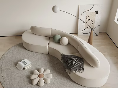 Modern Beige Curved Sectional Sofa In Living Room With Gray Rug Pillows And Abstract Art 3d model