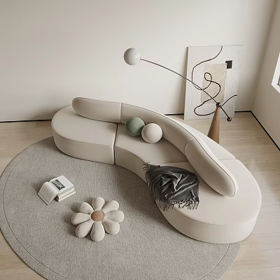Modern Beige Curved Sectional Sofa In Living Room With Gray Rug Pillows And Abstract Art 3d model