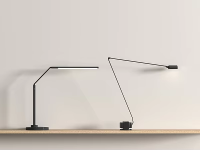 Modern Adjustable Desk Lamps With Black Stands And White Heads On Wooden Shelf 3d model