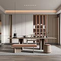 Elegant Modern Teahouse Interior Design With Wooden Shelves Tea Sets And Cozy Seating