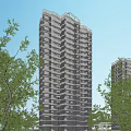 Modern High Rise Residential Building with Multiple Windows and Balconies Surrounded by Green Trees