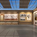 Traditional Cultural Exhibition Indoor Space With Wooden Tables Wall Photos And Murals