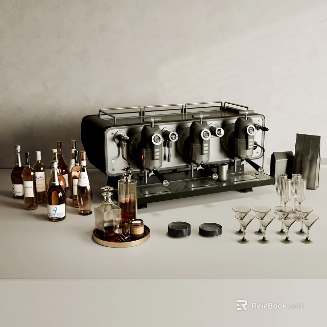 Home Bar Stainless Steel Espresso Coffee Machine With Alcohol Bottles And Cocktail Glasses 3d model 