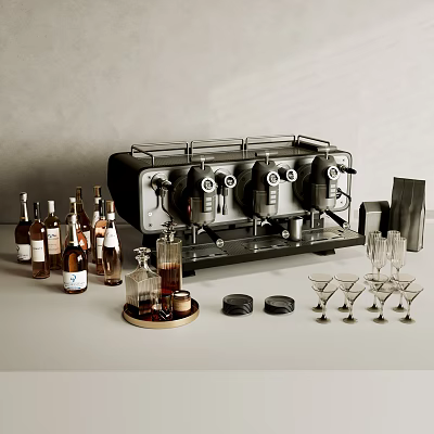 Home Bar Stainless Steel Espresso Coffee Machine With Alcohol Bottles And Cocktail Glasses 3d model