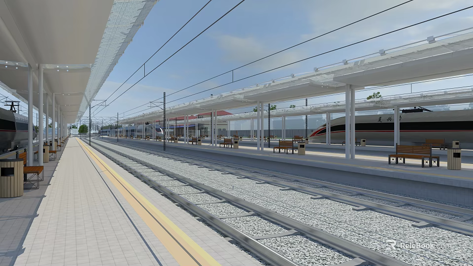 Modern Railway Station Platform With Covered Canopy Rail Tracks Benches And Open Space 3d model 