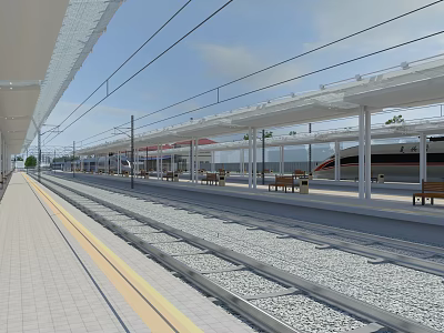 Modern Railway Station Platform With Covered Canopy Rail Tracks Benches And Open Space 3d model