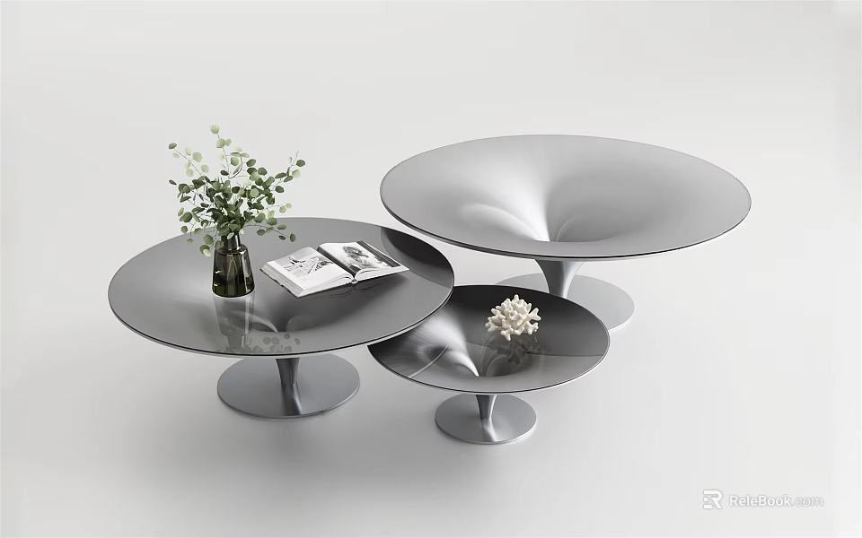 Modern Set of Three Glass Top Coffee Tables With Silver Bases Vase Magazines And Decor 3d model 