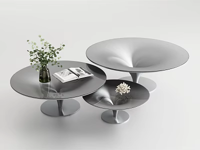 Modern Set of Three Glass Top Coffee Tables With Silver Bases Vase Magazines And Decor 3d model