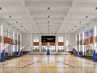 Spacious Basketball Gym Interior With Wooden Floor Multiple Hoops Lighting And Windows 3d model