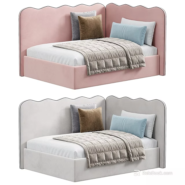 Stylish Kids Bed With Soft Upholstered Scalloped Headboard Colorful Pillows And Textured Blanket 3d model 