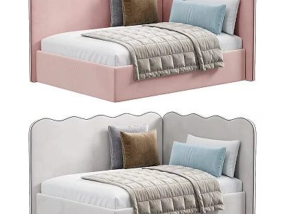 Stylish Kids Bed With Soft Upholstered Scalloped Headboard Colorful Pillows And Textured Blanket 3d model