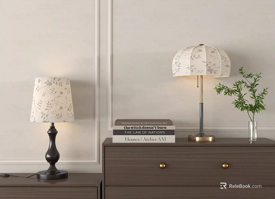 Stylish Table Lamps In Bedroom With Nightstand Dresser Books And Green Plant 3d model 