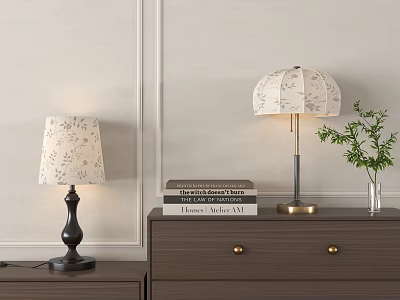 Stylish Table Lamps In Bedroom With Nightstand Dresser Books And Green Plant 3d model
