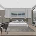 Modern Hotel Room With King Bed Bedside Lamps Wall Art TV Desk And Round Mirror