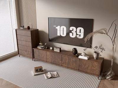 Modern Walnut TV Stand with TV Time Display Tall Cabinet Decorative Items and Striped Rug 3d model