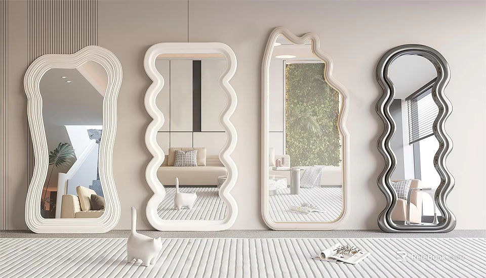 Modern Various Shaped Mirrors For Interior Decor With Reflective Greenery And Furniture 3d model 