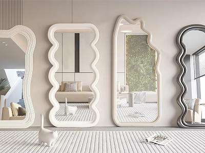 Modern Various Shaped Mirrors For Interior Decor With Reflective Greenery And Furniture 3d model