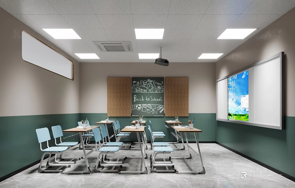 Modern School Classroom Interior With Chalkboard Desks Chairs Projector Whiteboard And Lighting 3d model 