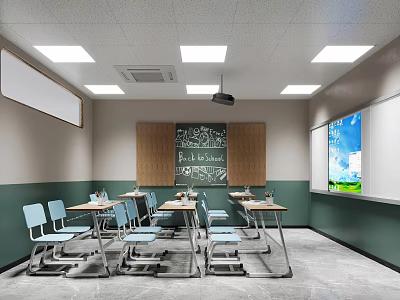 Modern School Classroom Interior With Chalkboard Desks Chairs Projector Whiteboard And Lighting 3d model