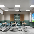 Modern School Classroom Interior With Chalkboard Desks Chairs Projector Whiteboard And Lighting