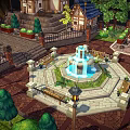 Cartoon Village Scene Featuring Colorful Roof Houses Green Trees Central Fountain And Stone Paths