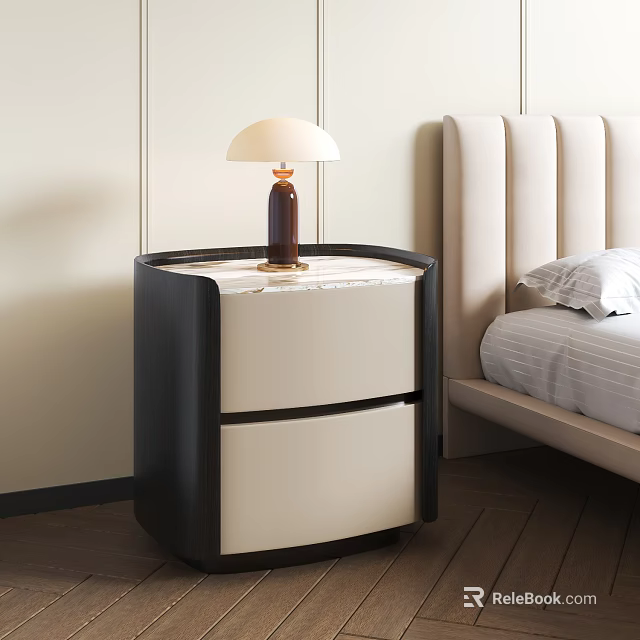 Modern Minimalist Nightstand With Table Lamp And Drawers Next To Bed 3d model 