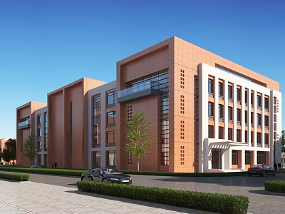 Red Brick School Building With White Accents Multiple Floors Lawn And Clear Sky 3d model