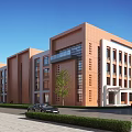 Red Brick School Building With White Accents Multiple Floors Lawn And Clear Sky