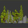 3D Forest Scene Model With Pine Trees Rocks Castle And Green Base 3d model