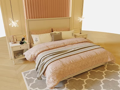 Double Bed with Pink Upholstered Headboard Gray Nightstands White Flower Lamps and Beige Geometric Rug 3d model