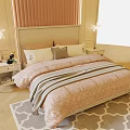 Double Bed with Pink Upholstered Headboard Gray Nightstands White Flower Lamps and Beige Geometric Rug