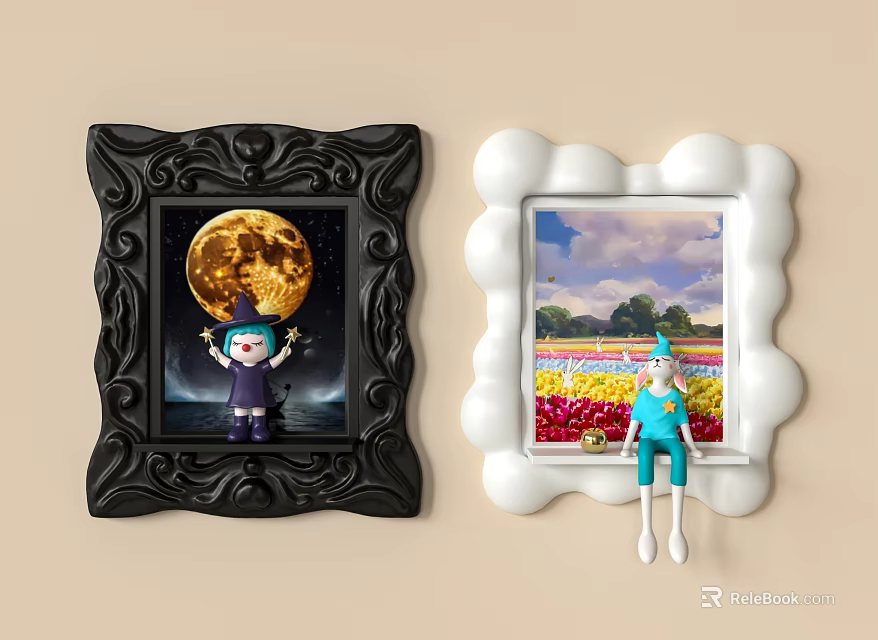 Creative Wall Decor With Black And White Frames Featuring Moon Flower Field And Hanging Figurines 3d model 