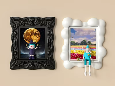 Creative Wall Decor With Black And White Frames Featuring Moon Flower Field And Hanging Figurines 3d model
