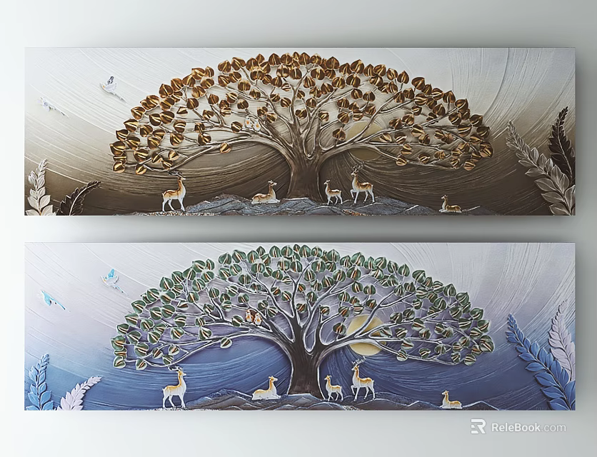 Decorative Wall Art With Tree Deer Natural Elements And Scenic Background 3d model