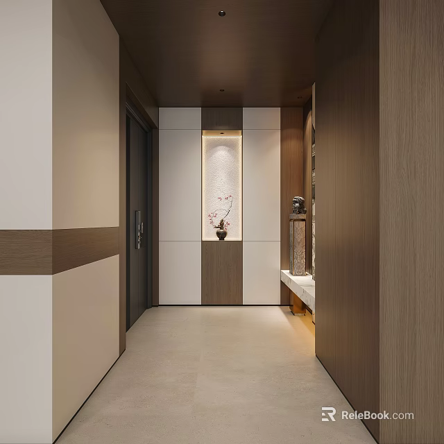 Modern Foyer Hallway Design With Wooden Panels Light Colored Tile Decorative Niche And Ceiling Lights 3d model 