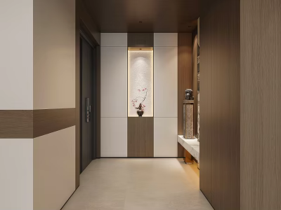 Modern Foyer Hallway Design With Wooden Panels Light Colored Tile Decorative Niche And Ceiling Lights 3d model
