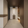 Modern Foyer Hallway Design With Wooden Panels Light Colored Tile Decorative Niche And Ceiling Lights