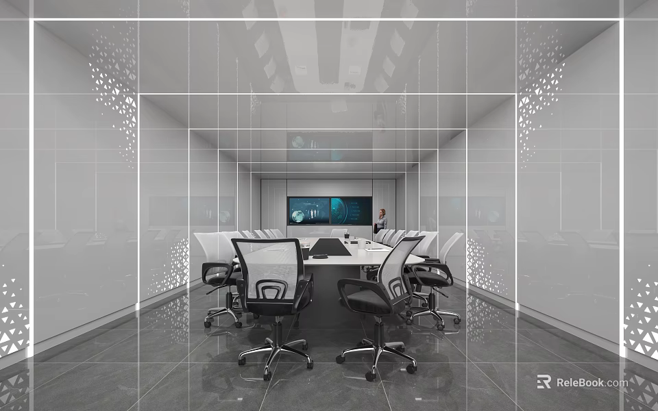 Modern Conference Room Interior Design With Glass Walls Table Chairs And Digital Screen 3d model 
