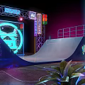 Vibrant Neon Lit Stage With Chinese Character Signs And Reflective Floor